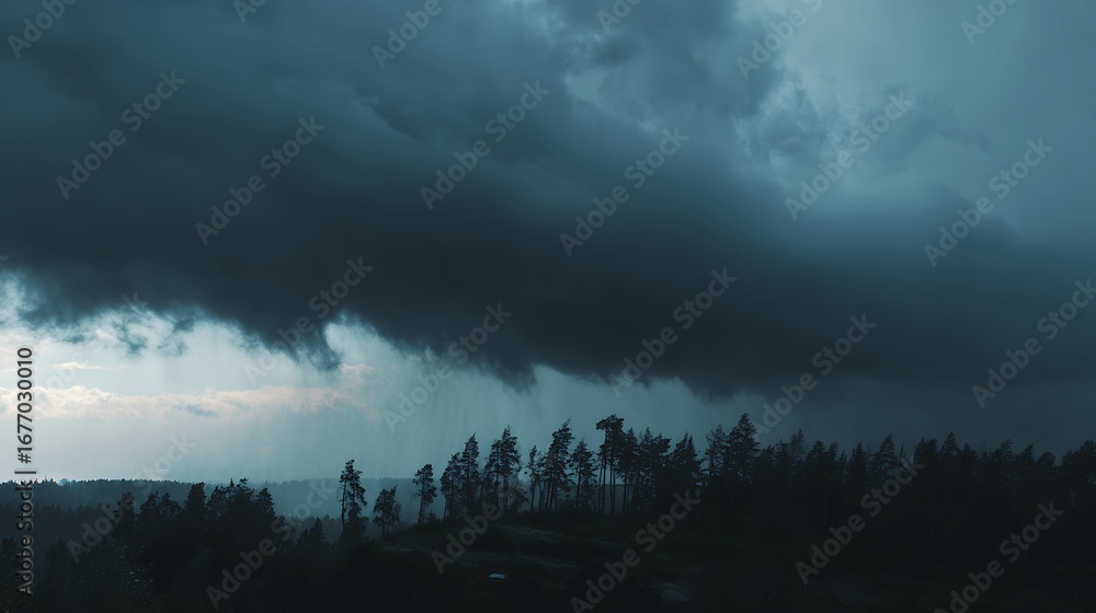 Fototapeta premium dramatic storm clouds over forest landscape dark moody weather nature wilderness dramatic sky