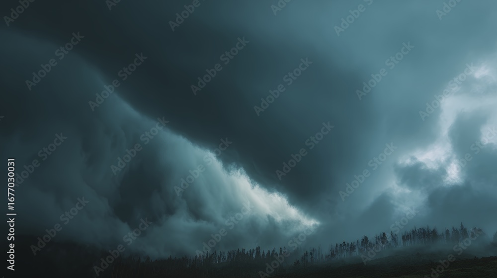 Obraz premium dramatic storm supercell thunderstorm over mountain landscape dark moody weather formation tornado warning atmospheric