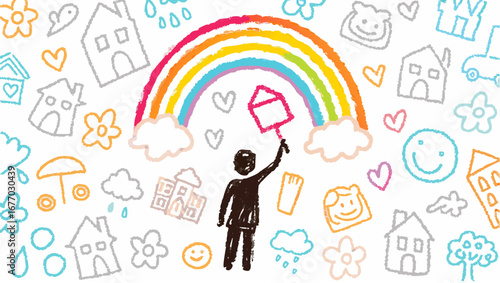 Illustration of a person painting a house under a rainbow with surrounding doodles and cloud accents