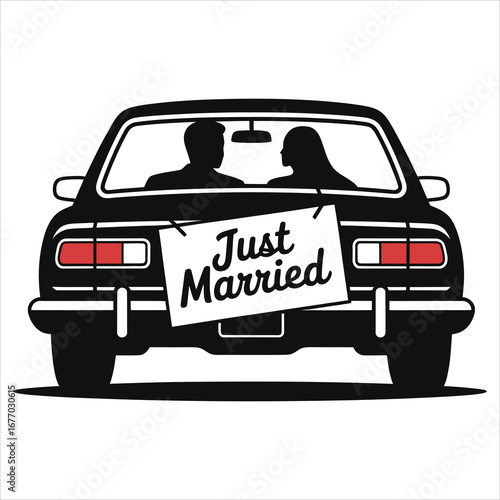 Just Married retro car rear view with silhouetted bride and groom, vintage black and white wedding illustration with trailing cans and sign, ideal for invitations, announcements and honeymoon art pack