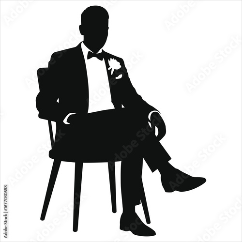 Seated groom silhouette in tuxedo with bow tie and boutonniere, elegant black and white wedding vector illustration for invitations, ceremony, reception, formal attire, vintage dapper gentleman style.