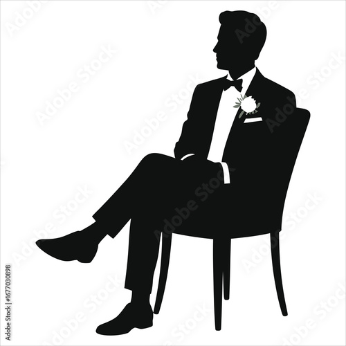 Elegant groom silhouette seated on chair in tuxedo with bow tie and boutonniere, classy formal man vector, black and white wedding illustration dapper gentleman icon isolated on clean white background