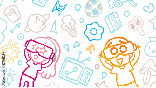 Two children wearing vr headsets surrounded by various doodle style icons and shapes on white background