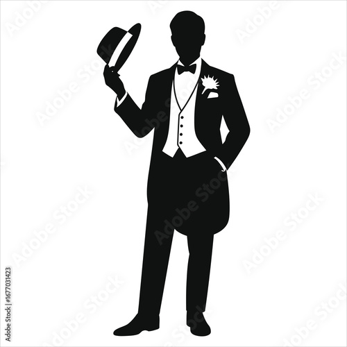 Dapper groom silhouette tipping hat in tuxedo with bow tie, waistcoat pocket watch and boutonniere; vintage elegant wedding vector illustration, classic gentleman, black & white formal fashion clipart