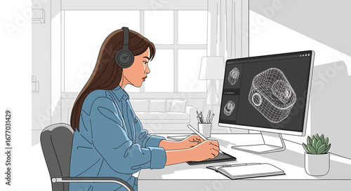 Woman designing 3d model on computer using tablet digital art work from home high quality professional