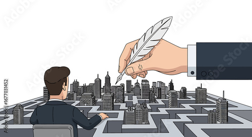 Man looking at city maze with feather pen creative solution business strategy concept high quality professional