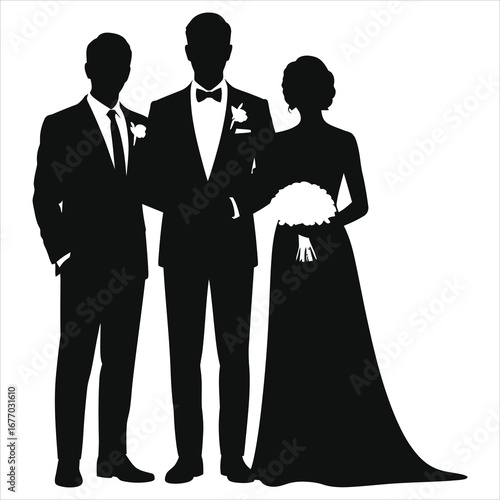 Elegant Black & White Silhouette of Bride Holding Bouquet Flanked by Groom with Boutonniere and Groomsman in Formal Attire Wedding Party Vector Illustration for Invitations, Stationery & Decor