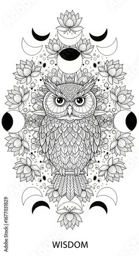 Generative AI Owl, Lotus, and Moon Phases Illustration Owl Lotus Moon phases Flower Line art Black and white Drawing Mandala Pattern Detailed Animal Bird Night Celestial - Download Now