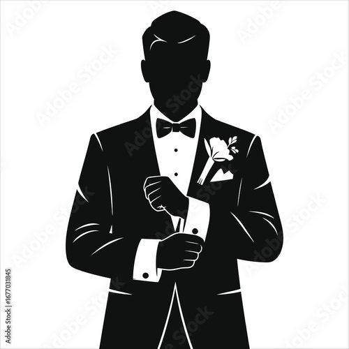 Classy Black and White Silhouette of Groom Adjusting Cufflinks in Elegant Tuxedo with Boutonniere Illustration for Wedding Invitations, Stationery, Bridal Shower, Ceremony Decor, Anniversary Cards