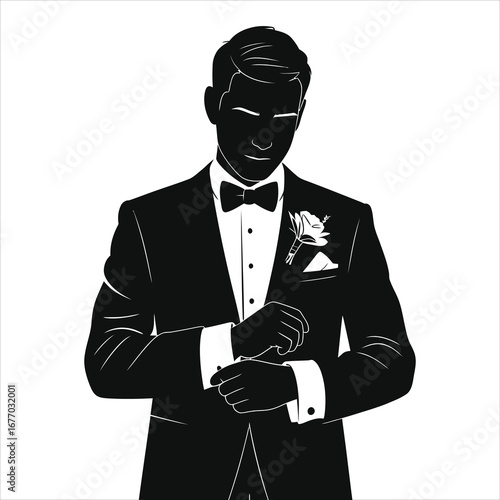 Elegant groom silhouette adjusting cufflinks in tuxedo, bow tie and boutonniere; black and white vector illustration, formal wedding fashion, classy menswear clip-art for invitations, branding, prints