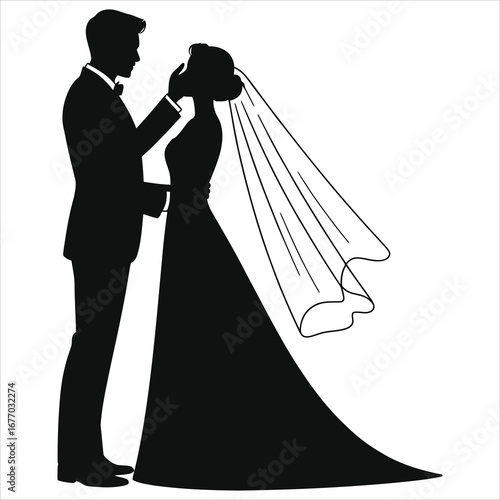 Elegant wedding couple silhouette - bride in veil and groom in tuxedo, romantic newlyweds illustration, minimal black and white vector art, love, marriage ceremony, invitation design printable clipart
