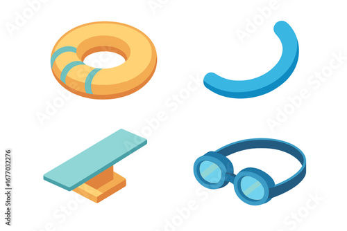 Pool party icon set. Isometric flat vector illustration of summer fun items. Inflatable float ring, pool noodle, diving board, swim goggles. Water sport leisure concept.