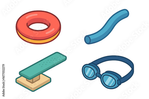 Isometric pool party icon set. Vector cartoon graphics of summer fun items. Inflatable float, pool noodle, diving board, swim goggles for swimming vacation and leisure.