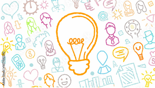 Illustration showing a lightbulb surrounded by various business and social media icons and doodles