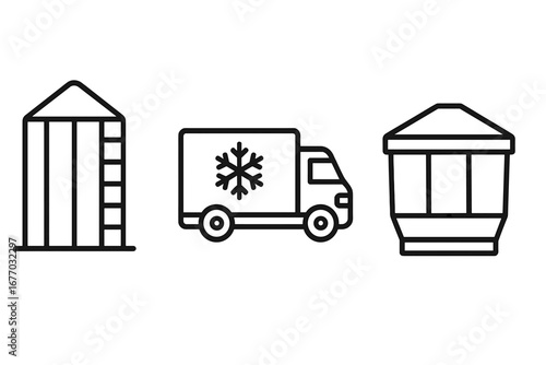 Post-harvest storage icon set. Agriculture logistics. Outline grain silo, refrigerated truck, storage bin symbols. Farming concept. Cold chain transport. Food supply vector.
