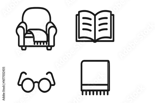 Reading nook vector icon set. Outline illustration of cozy home elements for hygge lifestyle. Armchair with lap blanket, open book, reading glasses. Hobby and relaxation concept.