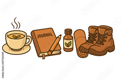 Self-care activities and mental health wellness concept. Relaxing moments with herbal tea, a journal, essential oil, yoga mat, and hiking boots for a healthy lifestyle.