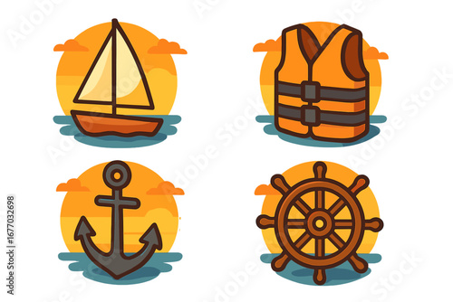 Sailing icons set. Vector cartoon sailboat, life jacket, anchor, ship's wheel. Nautical boat trip elements. Maritime travel and vacation symbols. Marine flat design collection.
