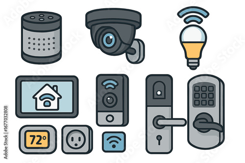 Smart home icon set. Home automation vector collection. Internet of Things (IoT) concept. Security system, speaker, camera, lightbulb, doorbell, lock, thermostat icons.