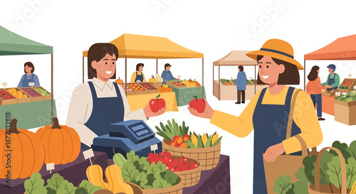Farmers market scene with vendors and customers selling produce organic local food high quality professional