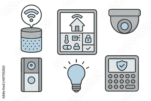 Smart home technology icon set. Vector illustration of house automation system. Includes security camera, smart speaker, doorbell, light bulb, alarm and control panel hub. IoT.