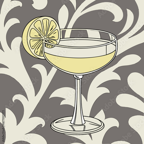 Elegant lemon cocktail in coupe glass, stylish drink illustration for bar decor, restaurant menu, cocktail hour promotions, modern design