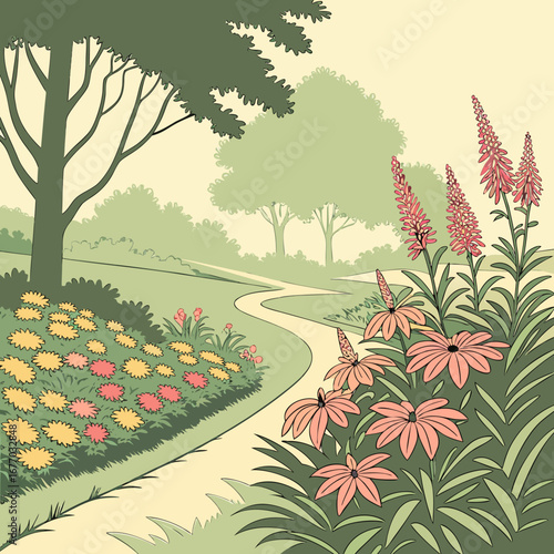 Stunning garden illustration with winding path, inviting peacefulness and serenity, perfect for nature-themed designs and spring promotions