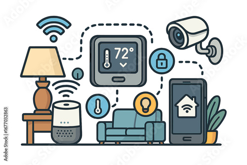 Smart home automation system. Internet of Things (IoT) technology concept. Vector of connected devices, security camera, thermostat, voice assistant and mobile phone app control.