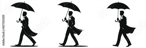 Set of elegant gentleman silhouettes in a tuxedo walking with an umbrella. Groom vector icon for wedding design. Classic black and white illustration isolated on a white background.