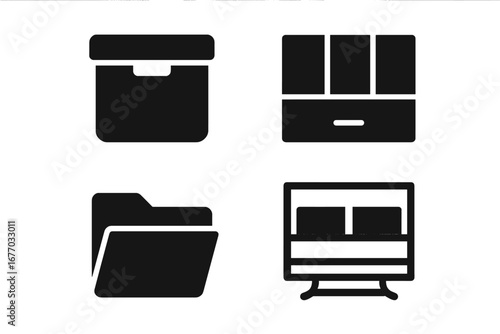 Storage & organization solid icon set. Vector glyph pictograms of storage box, drawer divider, file folder, closet shelf. Concept home & office tidiness, order, declutter.