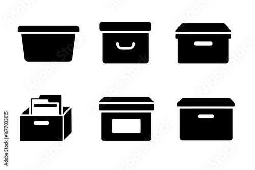 Storage box solid icon set. Vector collection of container symbols. Archive, file box, plastic bin, drawer. Home and office organization concept. Document storage glyphs.
