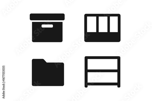 Storage and organization solid glyph icon set for home and office. Vector symbols for organizing, decluttering, and archiving. Includes storage box, drawer divider, shelf, file folder.