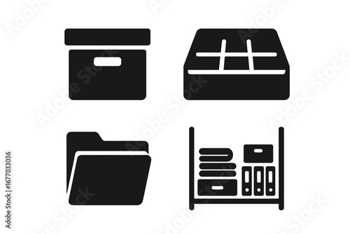 Storage icons set. Solid glyph vector pictograms. Home and office organization concept. Archive box, drawer divider, file folder, closet shelf with documents and clothes.
