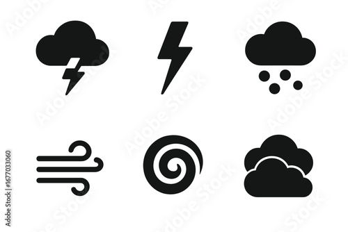 Storm weather icon set. Solid glyph collection of thundercloud, lightning bolt, hail, wind, tornado, and hurricane symbols. Vector for meteorology, forecast, climate graphic.