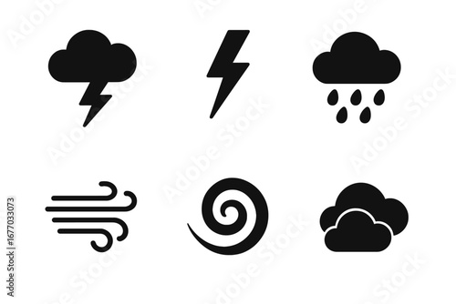 Storm symbols grid. Solid filled icon set of stormy weather. Thundercloud, lightning bolt, rain, strong wind, hurricane swirl, cloudy sky. Vector illustration graphics.