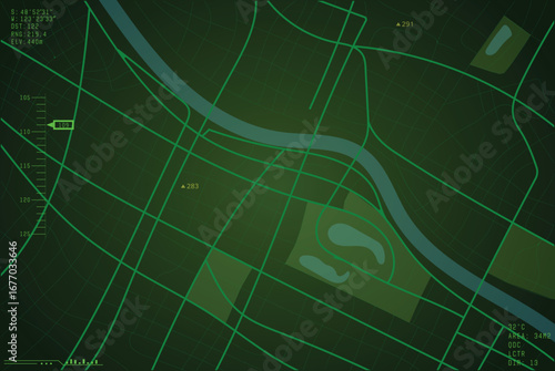 City map military navigation GPS overlay. Top view, view from above with military classic oldschool green monochrome cyber overlay. Simple realistic map design of town.