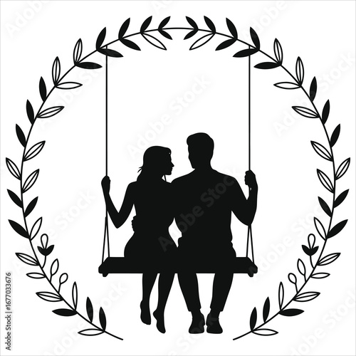 Romantic couple silhouette on a swing in a leaf wreath. Black and white vector for wedding, anniversary, or valentine's day. Love and togetherness concept isolated on white background.
