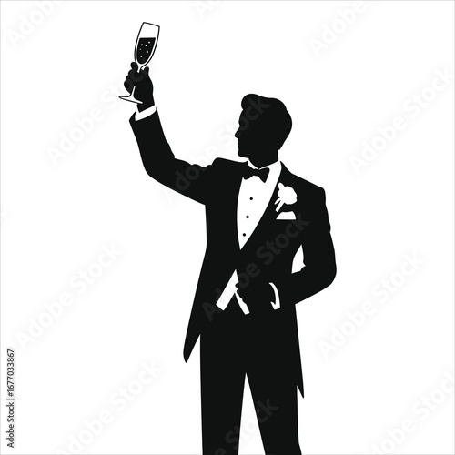 Elegant man in tuxedo raising champagne glass for wedding toast, best man or groom celebrating, black and white silhouette vector illustration, formal event, isolated on white background