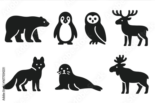 Winter animal icon set. Solid black silhouette collection of arctic and forest wildlife. Includes polar bear, penguin, owl, reindeer, arctic fox, seal, and moose vector symbols.