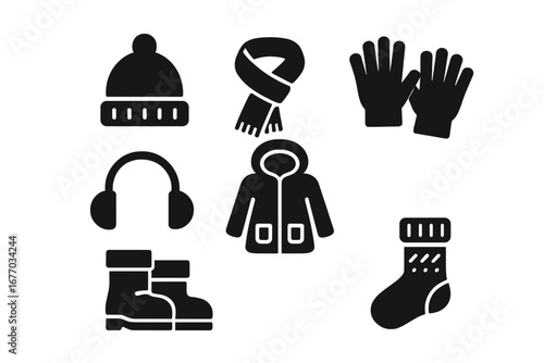 Winter clothing solid glyph icon set. Cold weather apparel collection with beanie hat, scarf, gloves, earmuffs, parka jacket, snow boots, and wool sock. Vector illustration.