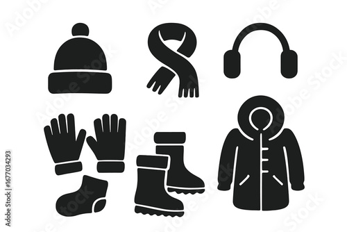Winter clothing and accessories vector icon set. Solid glyph icons of cold weather fashion. Includes beanie hat, scarf, gloves, earmuffs, parka jacket, snow boots, and socks.