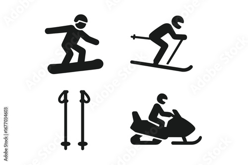 Winter sports icon set. Solid glyph pictograms of extreme winter activities. Snowboarder, skier, ski poles, and snowmobile silhouettes. Vector graphic collection for design.