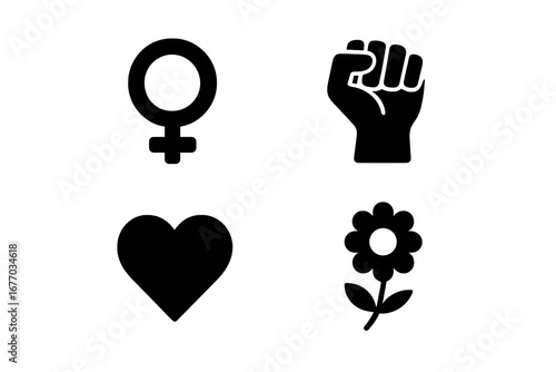 Women's Day icon set. Feminist symbols collection. Female gender sign, raised fist, heart, flower. Girl power, women's rights, solidarity, empowerment. Vector glyph icons.