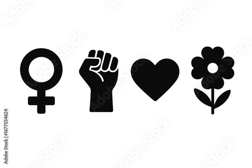 Women's Day icon set with feminist symbols. Concept of feminism, girl power, and solidarity. Female gender sign, raised fist, heart, flower. Vector for women's rights.