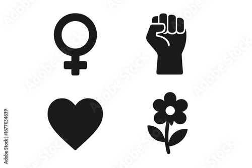 International Women's Day solid icons set. Female gender symbol, raised fist, heart, flower. Feminism, girl power, women's rights, equality, empowerment vector symbols.