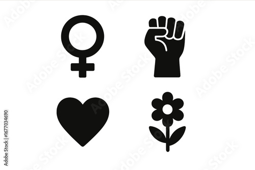 International Women's Day solid glyph icons. Female gender symbol, raised protest fist, heart, flower. Vector set for feminism, women's rights, empowerment, girl power, equality.