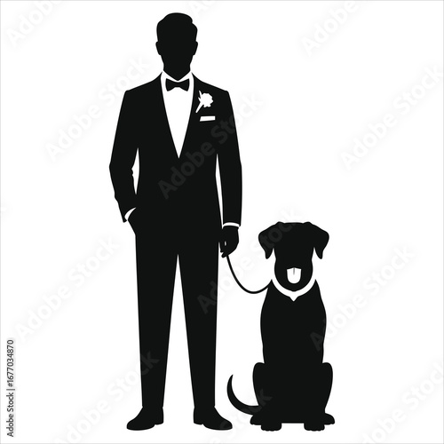 Groom in tuxedo with his dog as best man, wedding day silhouette. Vector illustration of a man and pet at a formal celebration, isolated on white background.
