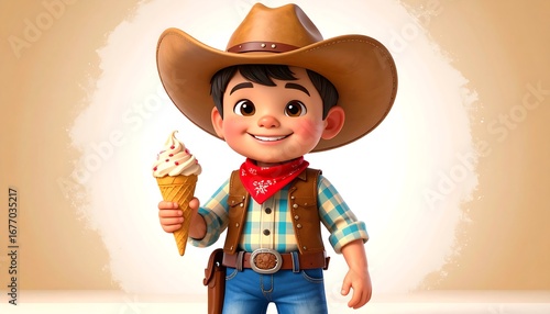 Cartoon cowboy boy holding ice cream