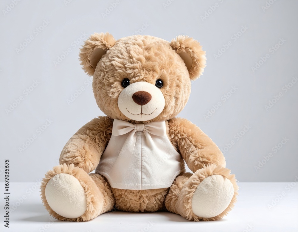 Fototapeta premium A soft and cuddly teddy bear sitting on a white with a gentle expression and bow.