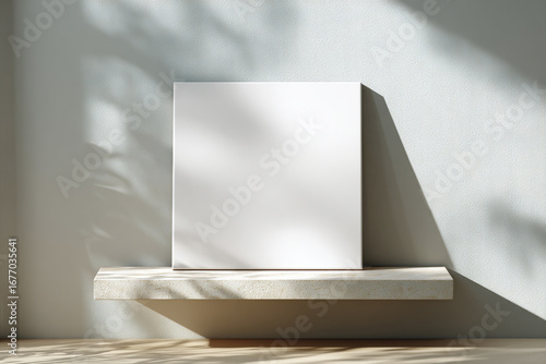 Minimalist interior scene with a realistic canvas mockup displayed on a floating shelf against a clean wall background.